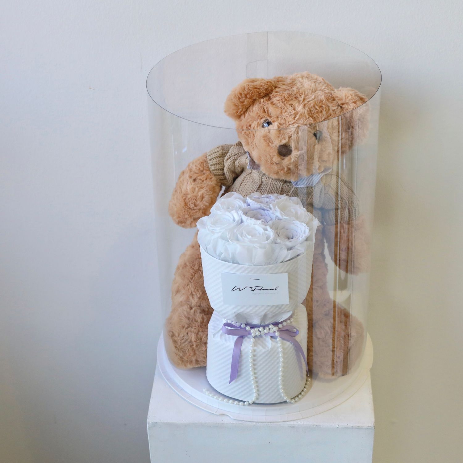 The Teddy Bear Preserved Rose Bouquet Box -  Lavender and White Rose