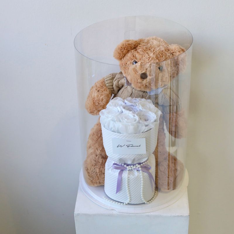 The Teddy Bear Preserved Rose Bouquet Box -  Lavender and White Rose