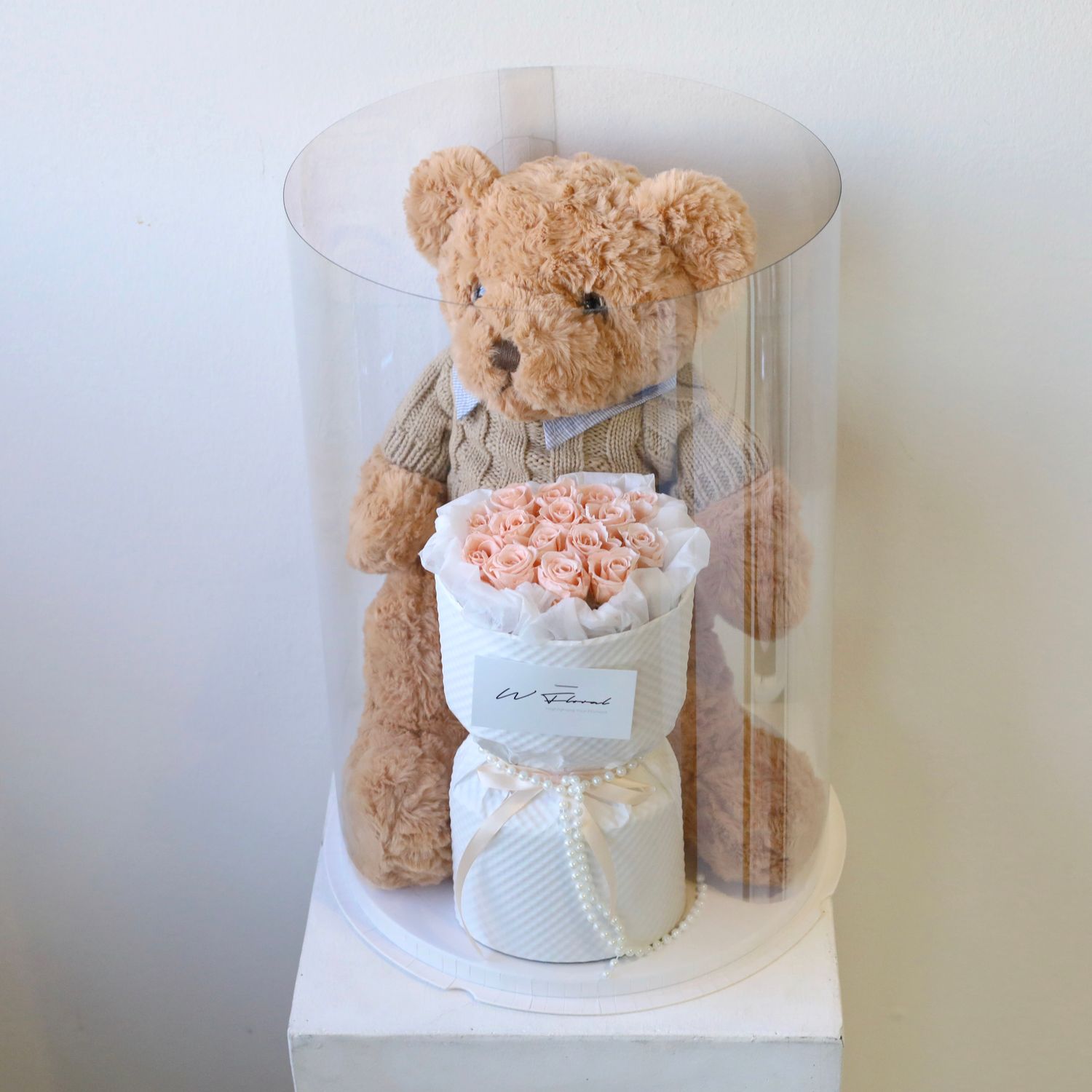 The Teddy Bear Preserved Rose Bouquet Box -  Mini Peach Rose