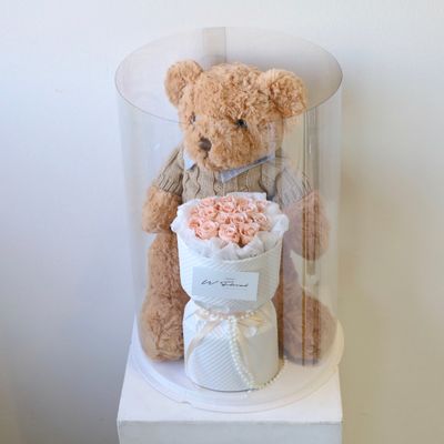 The Teddy Bear Preserved Rose Bouquet Box -  Mini Peach Rose