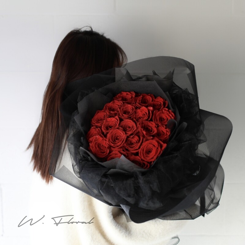 Black chiffon red rose bouquet with premium Ecuadorian roses by W Floral Studio Toronto