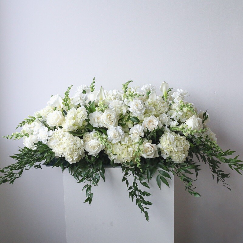 white funeral casket spray Toronto delivery roses lilies