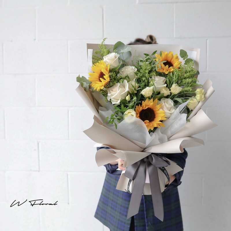 Sunflower and rose mixed bouquet by W Floral Studio