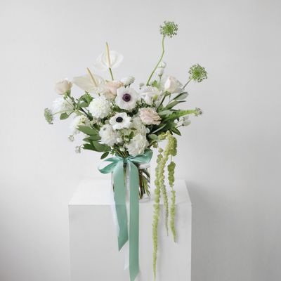 White and green fresh flower vase arrangement by W Floral Studio Toronto