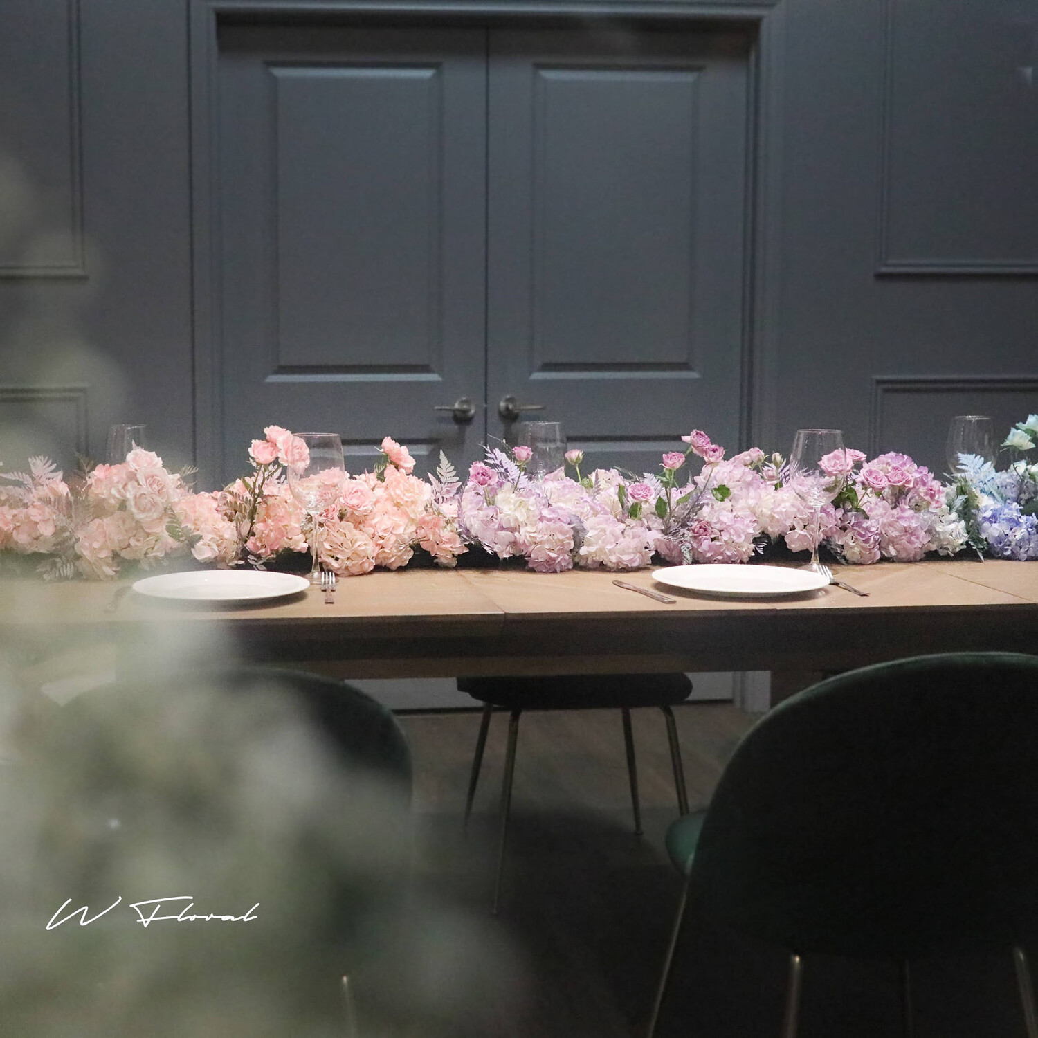 Pastel ombre hydrangea wedding table runner for long table by W Floral Toronto