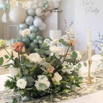 Green and white garden-style wedding centrepiece for reception table by W Floral Toronto