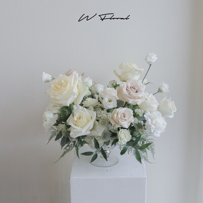 Low gold bowl wedding centrepiece with white and blush flowers by W Floral Toronto