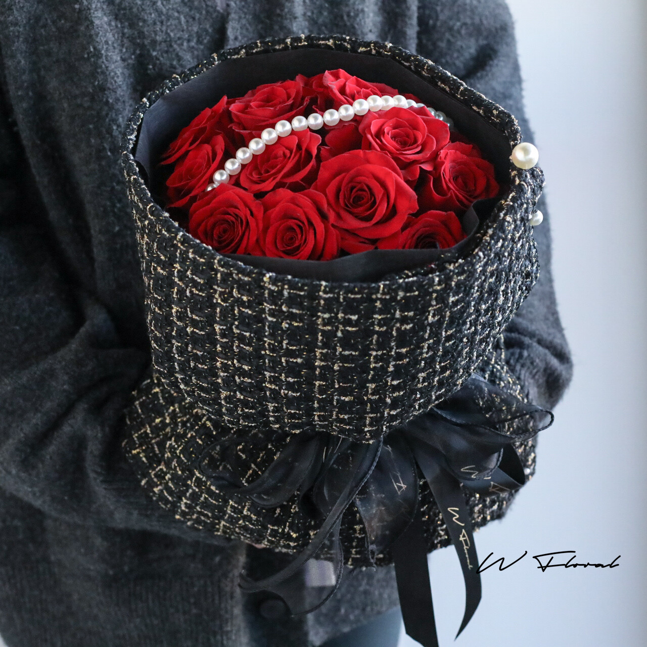Luxury red rose bouquet with fabric wrapping and pearls by W Floral Studio Toronto