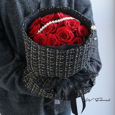 Luxury red rose bouquet with fabric wrapping and pearls by W Floral Studio Toronto