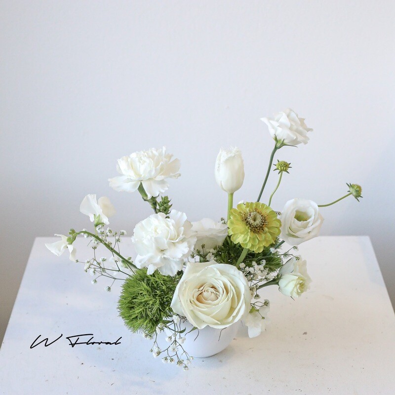Mini Luna wedding centrepiece with white flowers in petite pot by W Floral Toronto