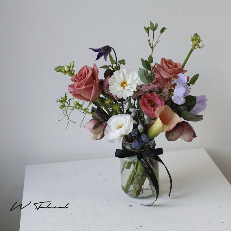 Maison jar wedding centrepiece with fresh seasonal flowers by W Floral Toronto
