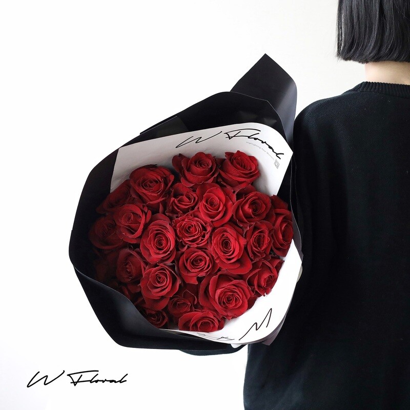Modern red rose round bouquet with 24 or 36 premium roses