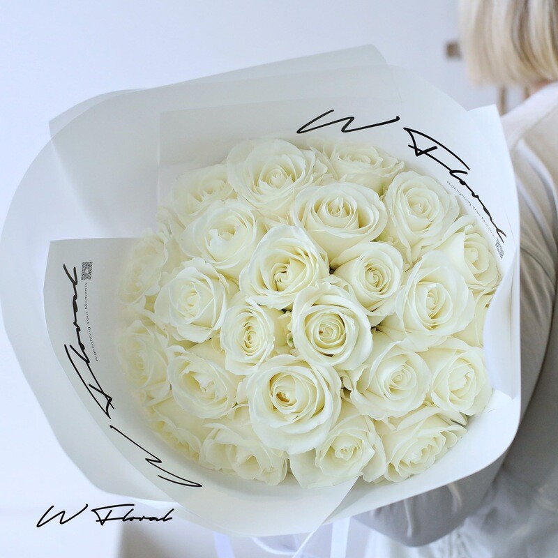 24 or 36 white rose signature bouquet with refined W Floral wrapping