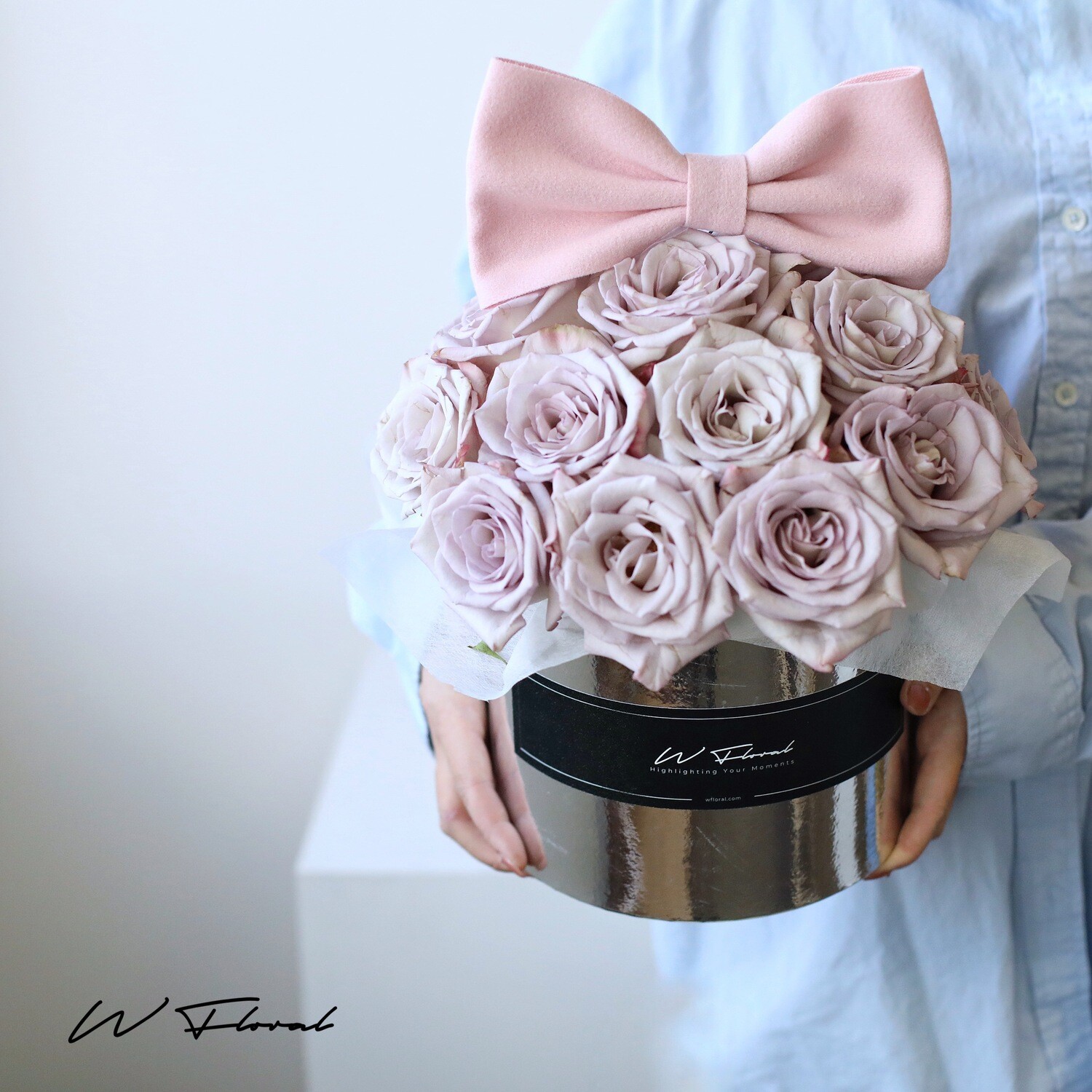 Lavender rose flower box with oversized pink bow by W Floral Studio Toronto
