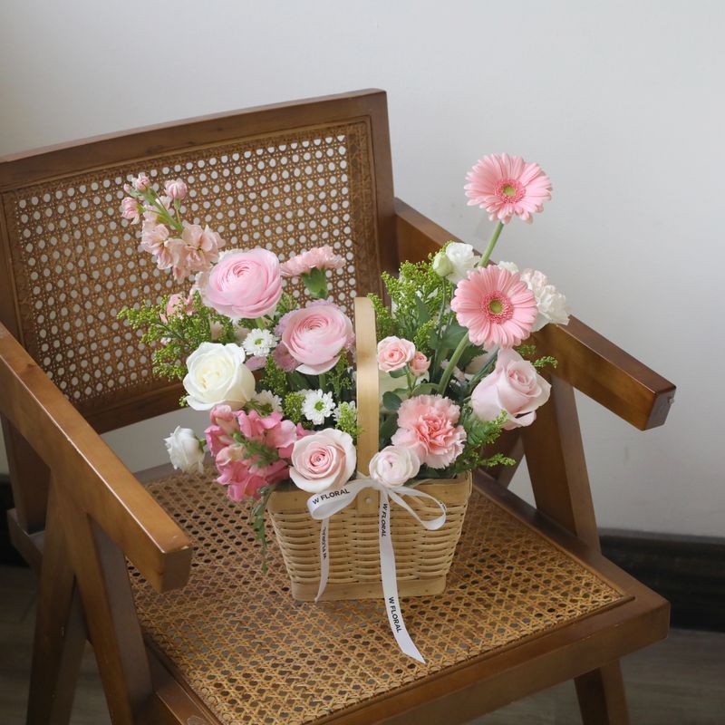 Pastel Dream garden flower basket with pink, lavender and peach seasonal flowers by W Floral Studio Toronto