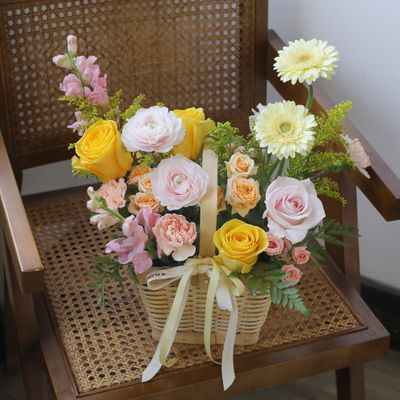 Colourful fresh flower basket arrangement for birthday and congratulations delivery in Toronto and GTA