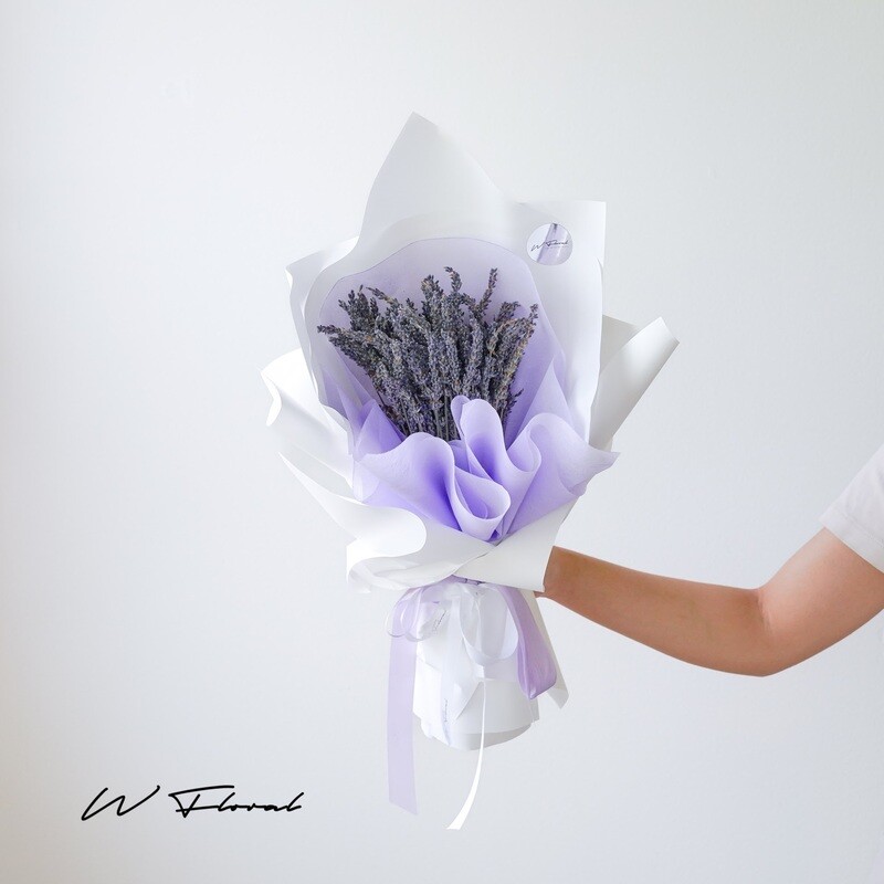 Dried lavender bouquet with purple and white wrapping