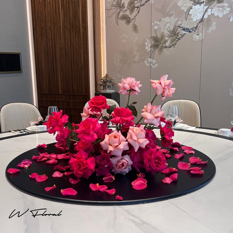 Large romantic pink rose wedding centrepiece for round table by W Floral Toronto