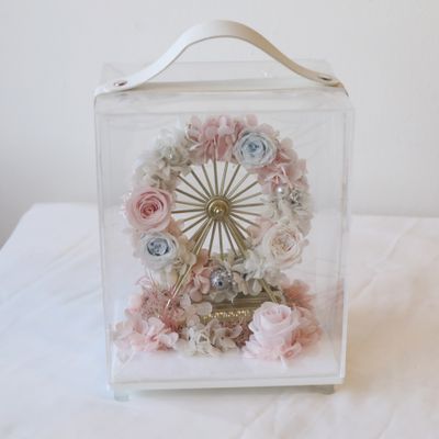 Mini Ferris wheel preserved flower arrangement in light blue and pink, decorative everlasting floral gift by W Floral Studio 