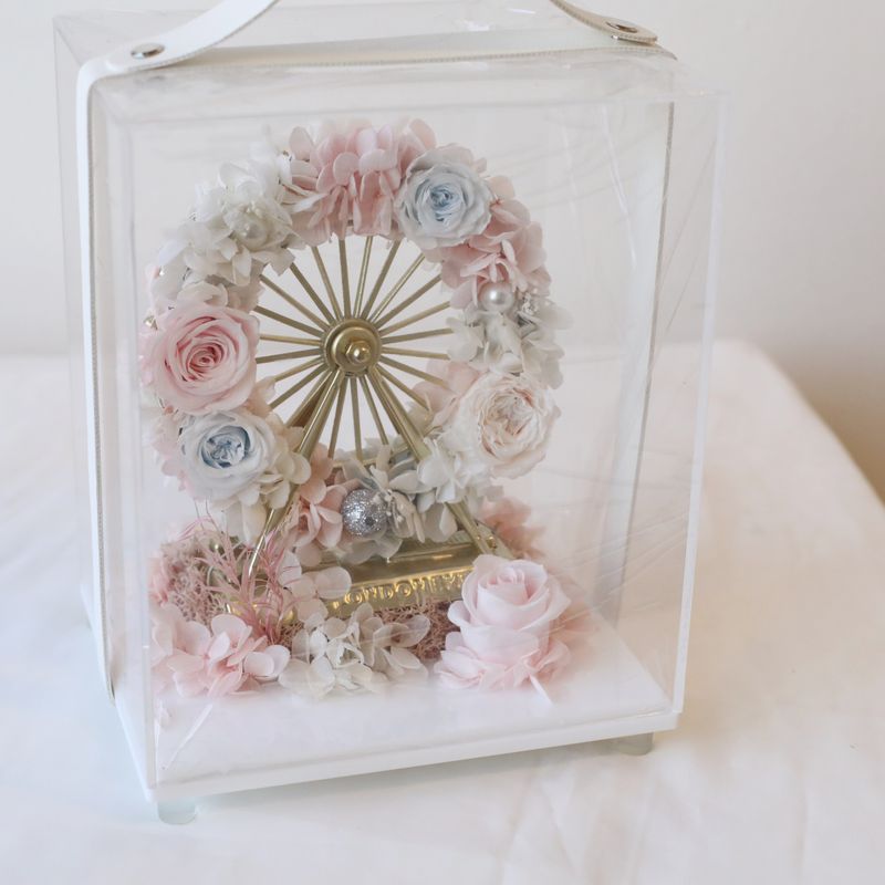 Mini Ferris wheel preserved flower arrangement in light blue and pink, decorative everlasting floral gift by W Floral Studio 