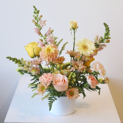 Petite round wedding centrepiece in white pot by W Floral Toronto