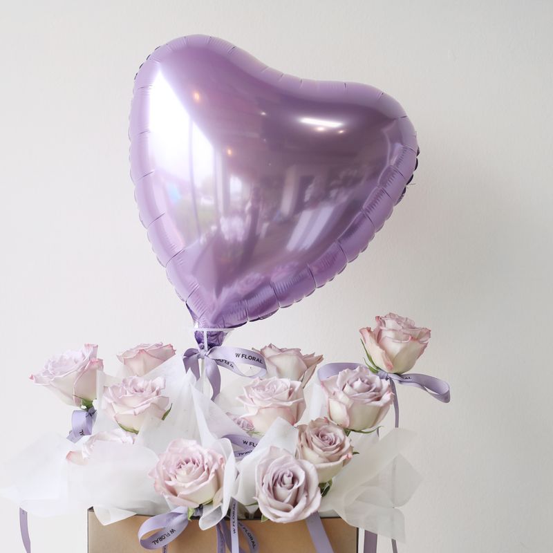 Premium lavender roses in a flower box with heart-shaped balloon for Toronto flower delivery