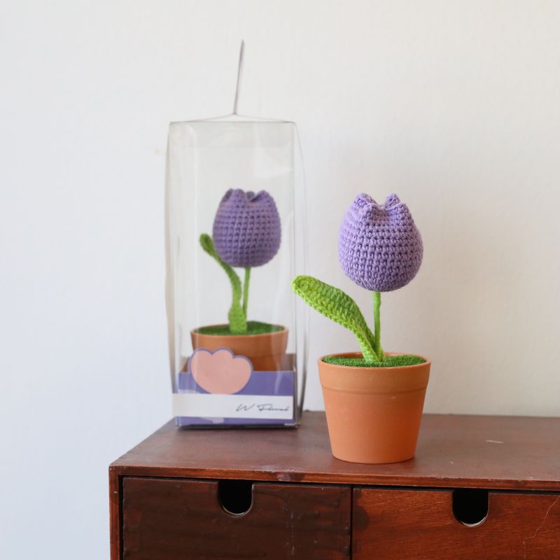 Purple crochet tulip gift in clear presentation box