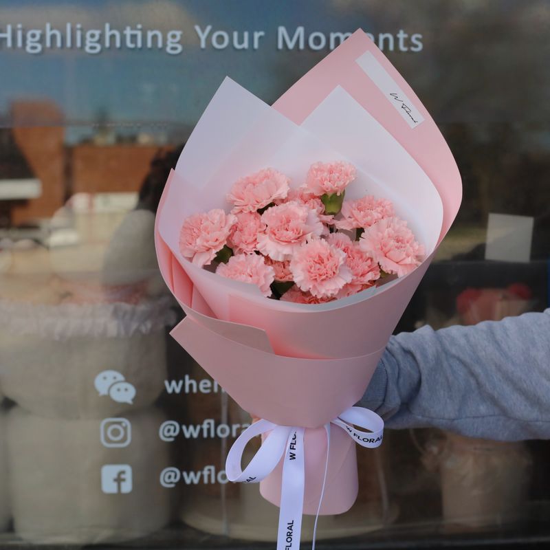 Gentle Love pink carnation bouquet with modern wrapping