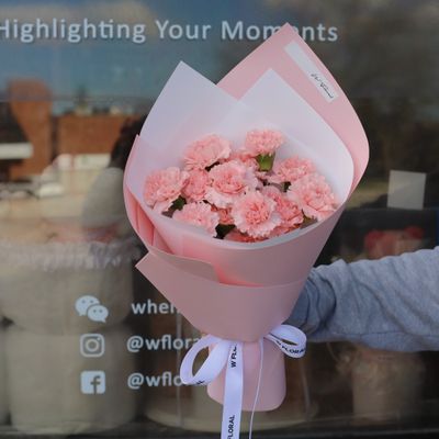 Gentle Love pink carnation bouquet with modern wrapping