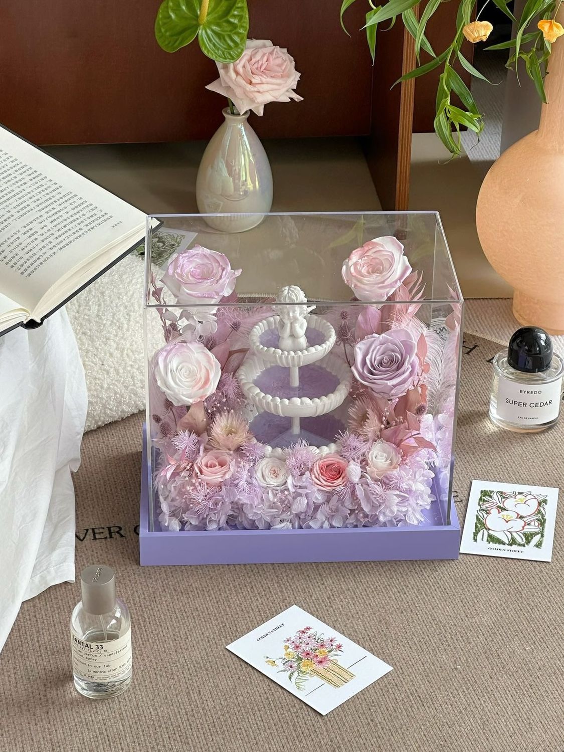 Lavender preserved flower arrangement with dreamy sculptural design