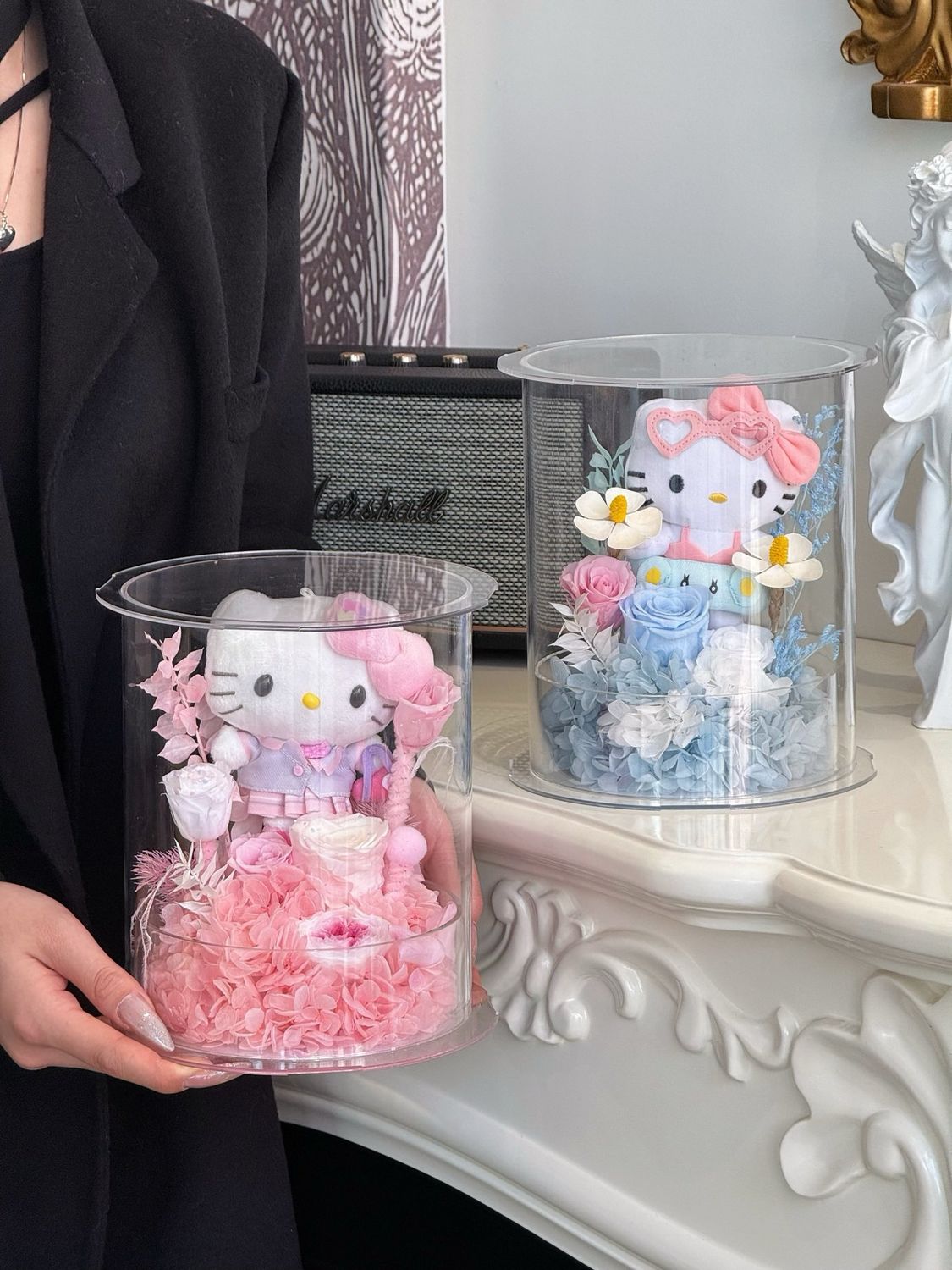 Kitty preserved flower gift box in soft pink with plush character detail