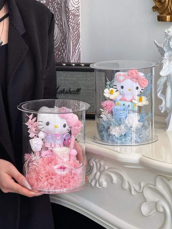 Kitty preserved flower gift box in soft pink with plush character detail