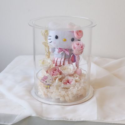 Kitty preserved flower gift box in soft pink with plush character detail