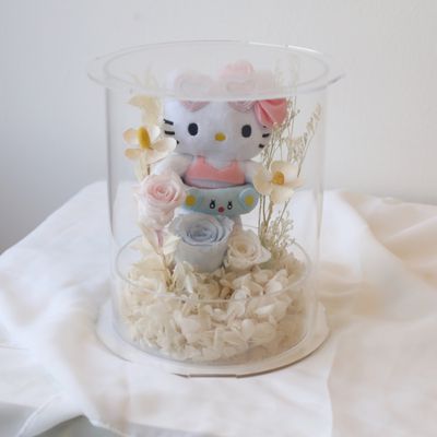 Kitty preserved flower gift box in soft blue with plush character detail