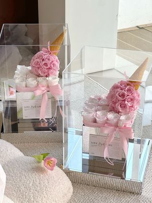 Preserved flower arrangement in playful ice cream cake-inspired style