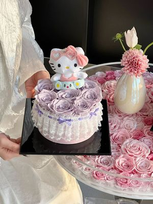 Hello Kitty lavender preserved flower arrangement with plush detail