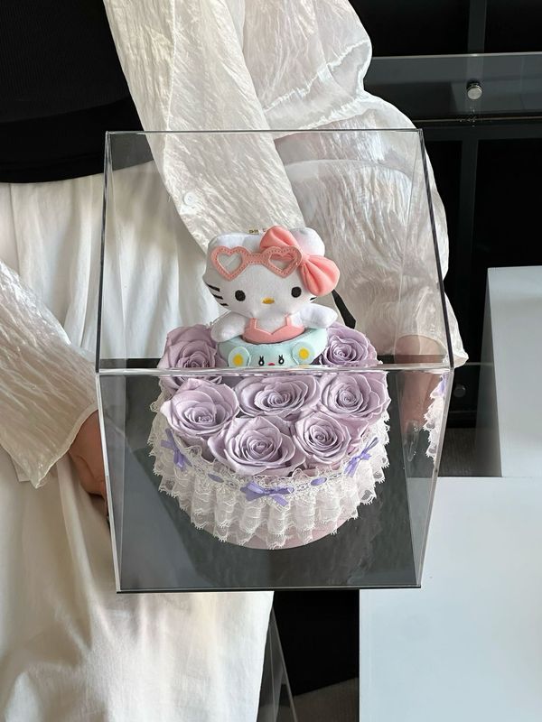 Lavender preserved flower gift with cute Hello Kitty plush