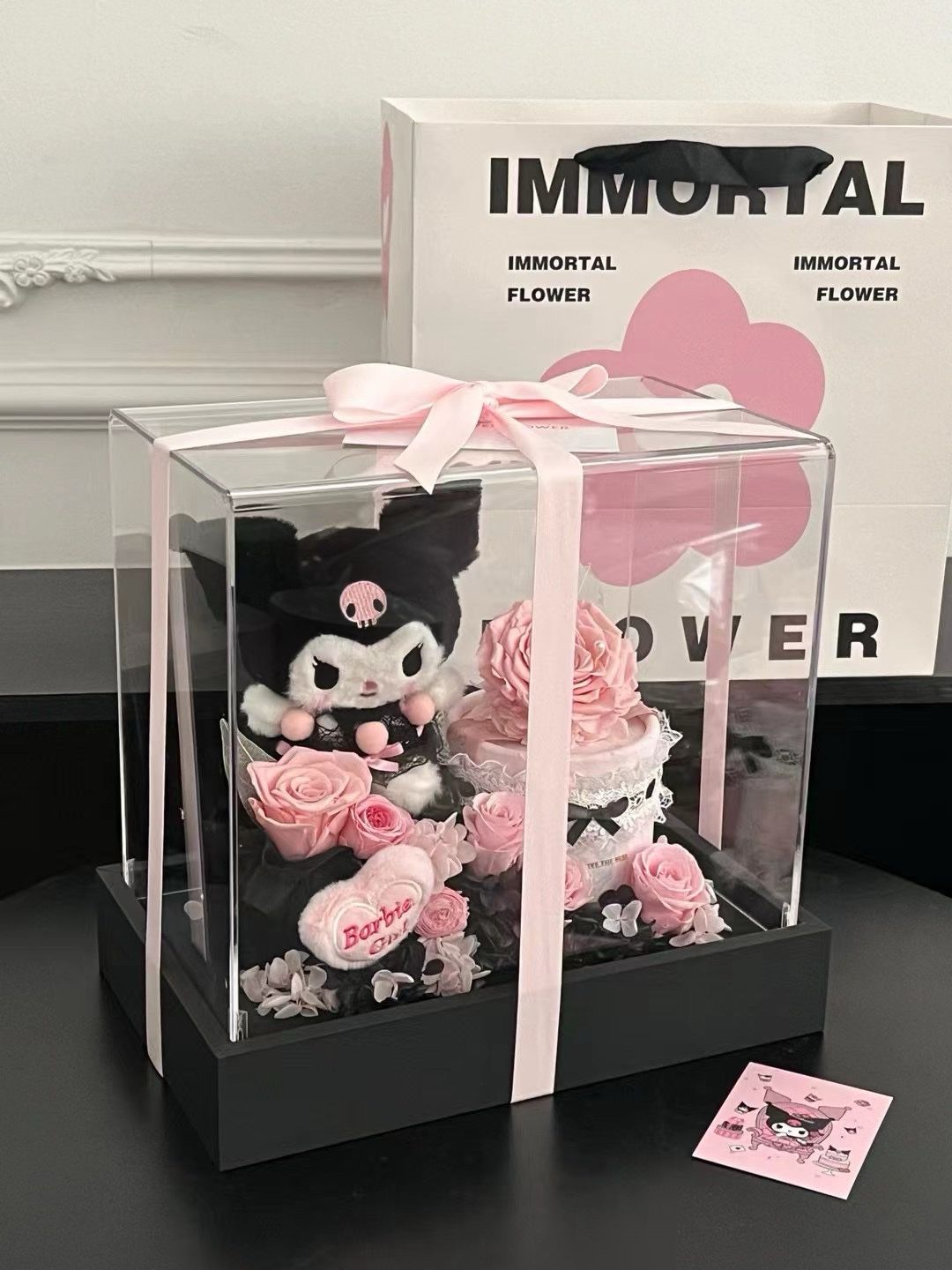 Kuromi-inspired preserved flower arrangement in dessert-style design