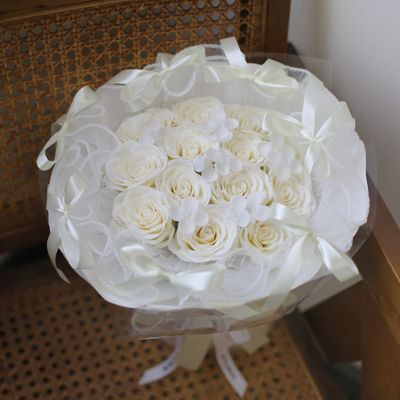 Cream soap flower rose bouquet with ribbon bow details