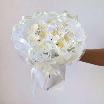 Cream soap flower rose bouquet with ribbon bow details