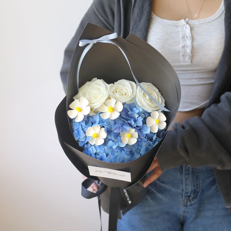 Blue and white bouquet for birthday and graduation gift