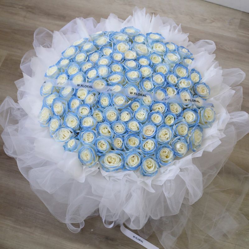 White Chiffon Icy Blue Roses
