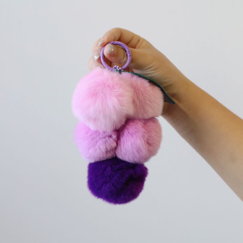 Purple and pink fluffy grape pom pom bag charm keychain