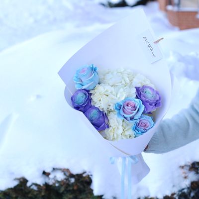 Snow-Kissed Hydrangea and Rose Bouquet - Lavender Moonlight - Valentine's Day 2026 Snow-Kissed Hydrangea and Rose Bouquet - Lavender Moonlight - Valentine's Day 2026