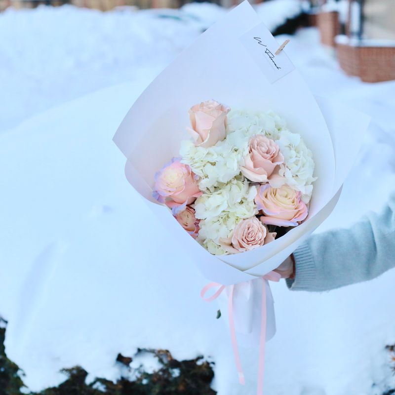 Snow-Kissed Hydrangea and Rose Bouquet - Pearl Pink - Valentine's Day 2026