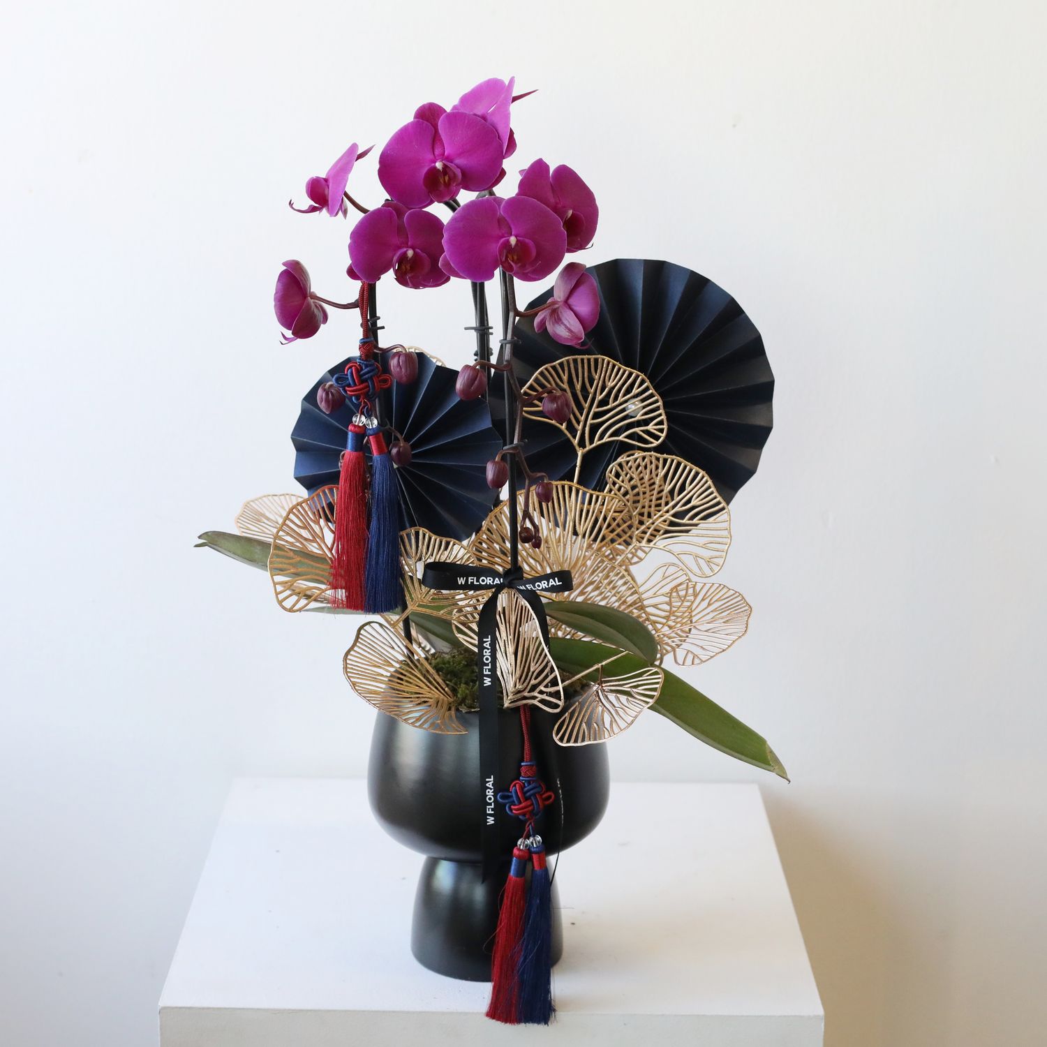 Double Joy Cascading Big Orchid Fortune Black Pot - Purple