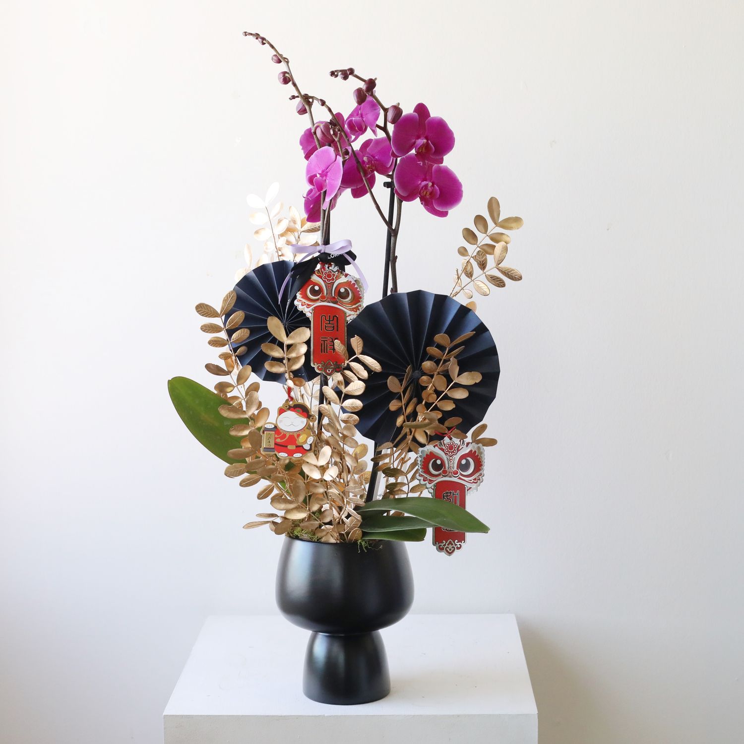 Double Joy Cascading Big Orchid Fortune Black Pot - Purple