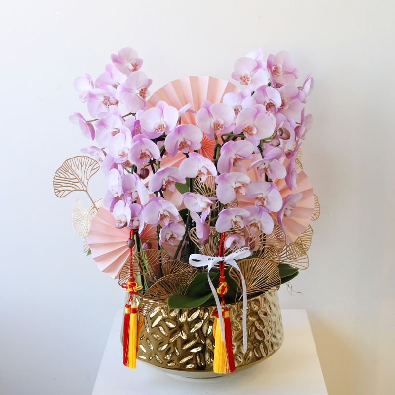 Eightfold Blessing Cascading Big Orchid Fortune Gold Pot - Pink