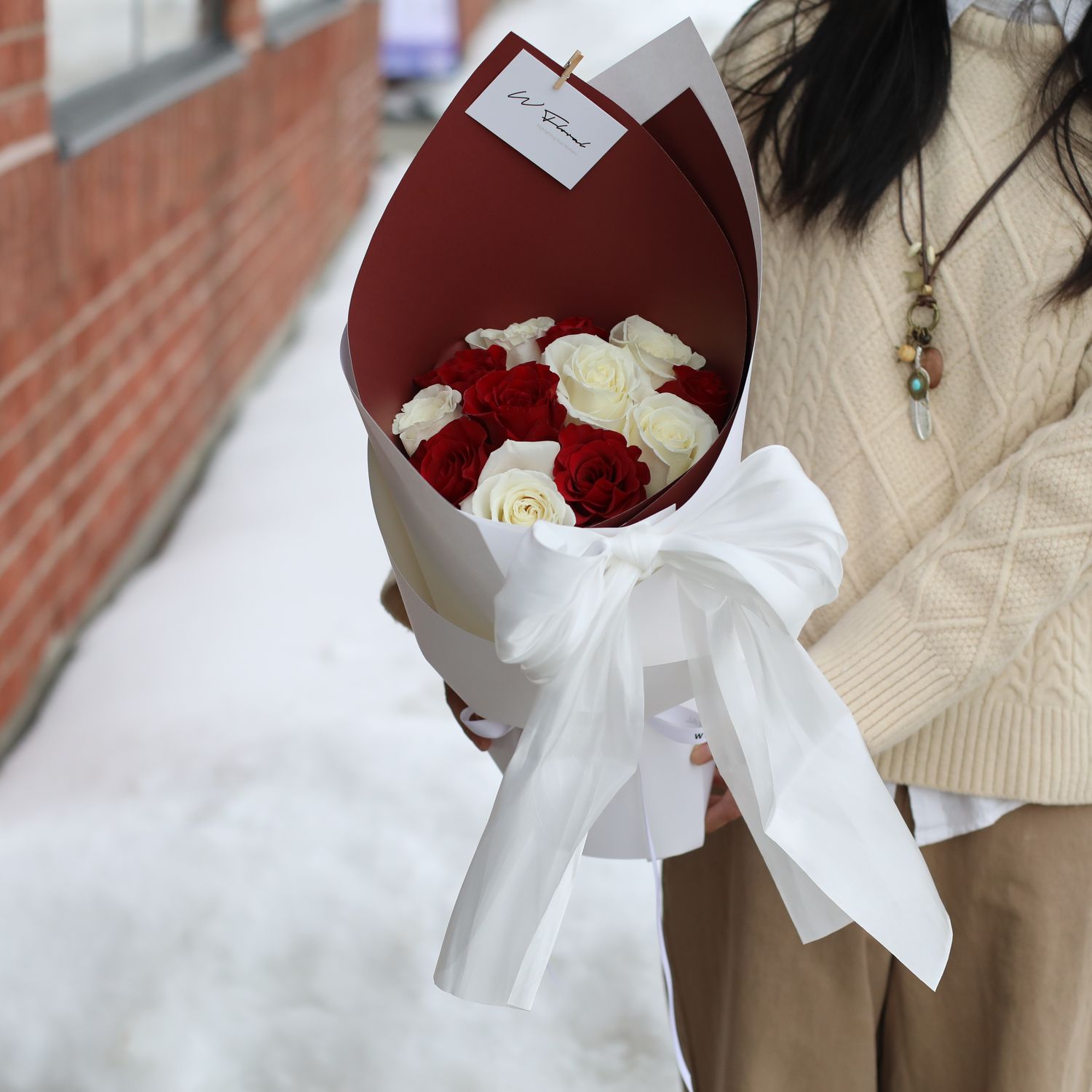 Silky Canele Round Bouquet - Red &amp; White - Valentine's Day 2026