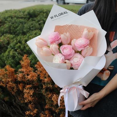 Blush Haze Bouquet - Ranunculus Hanoi &amp; Holland Peach Tulip